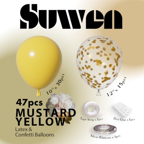 Image of SUWEN 47PCS Mustard Yellow Latex Balloons and Confetti Balloons Set | Helium Balloon for Birthday Anniversary Thanksgiving Party Decorations