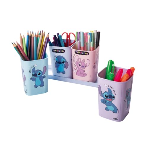 Kit 5 Pçs Organizador Mesa Escolar Plasútil Porta Canetas Lápis (Stitch)