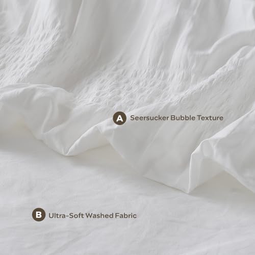 Image of JELLYMONI White Duvet Cover Full Size, 3pcs Washed Microfiber Bedding Set, Soft Breathable Wide Seersucker Duvet Cover Set with Zipper Closure and Corner Ties for All Seasons