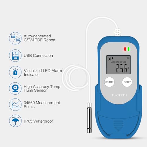 ThermElc TE-03 ETH Externer Datenlogger Temperatur Luftfeuchtigkeit mit Externer Sonde, MKT-Berechnung, 32.000 Punkte, Automatische PDF/CSV-Erstellung, Wiederverwendbarer USB-Recorder für Labore