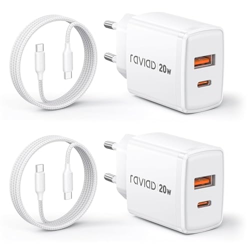 RAVIAD 20W Cargador USB C, 2Pcs USB C Enchufe Rapido 2 Puerto y Cable Tipo C Carga Rapida 3M, Carga Rapida Tipo C Charger Compatible con iPhone 16 15 Pro MAX, Galaxy S25 S24 S23, iPad Pro, Macbook