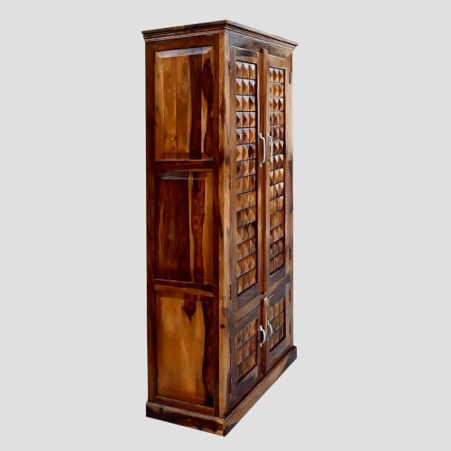 Image of Solid Wood Diamond Cut Four Door Almirah /Wardrobe /Cabinet with Storage of Four Shelves and Two Drawers (Natural Oak)