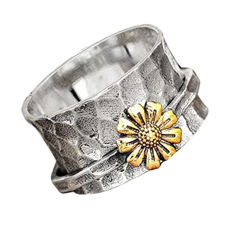 Yfstyle Vintage Sunflower Natural Rotating Ring Sunflower Spinner Rings Vintage Boho Chunky Ring For Women Men Fidget Anxiety Wide Spinner Band Ring Mother’s Day Jewelry Gifts Size 5-11-Silver10 #TOP20