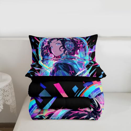 Image of Erosebridal 3D Anime Girl Bedding Comforter Sets American Street Culture Comforter Set Full for Teens Youth Girls Watercolor Graffiti Style Bedding Galaxy Stars Print Duvet Set with 2 Pillow Cases