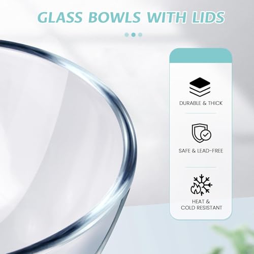 Miniatura 5 de Luvan Juego De 3 Cuencos De Vidrio Para Mezclar Con Tapa 4.2l, 2.5l,1l ,Ensaladeras Redondas Grandes Para Cocina, Ideal Para Almacenar Alimentos, Cocinar, Hornear, Preparar, Apto Para Lavavajillas