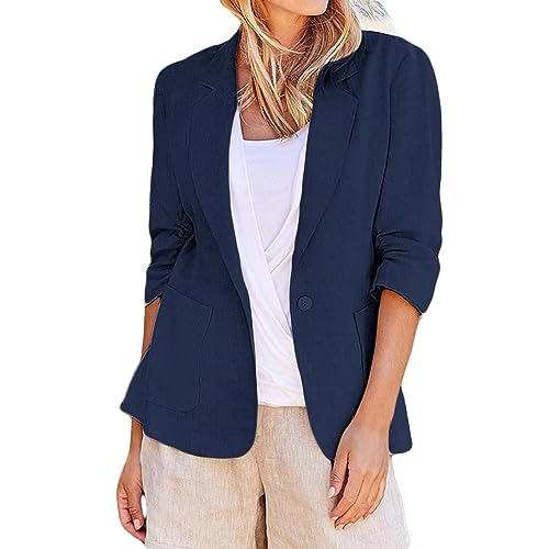 Summer Blazers for Women Lightweight Cotton Linen Suit Jackets with Pocket Casual Ruched 3/4 Sleeve Blazer Jacket