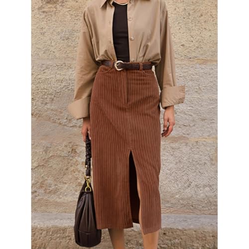 Brown Corduroy Skirt Split Slim Fit High Waist Button Vintage Bodycon Casual Elegant Streetwear Skirt2