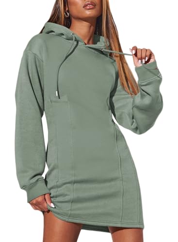 AlvaQ Hooded Dress for Womens Fall Clothes 2025 Fashion Y2K Casual Loose Fit Drawstring Sweatshirts Hoodie Tunic Mini Dresses Green Small