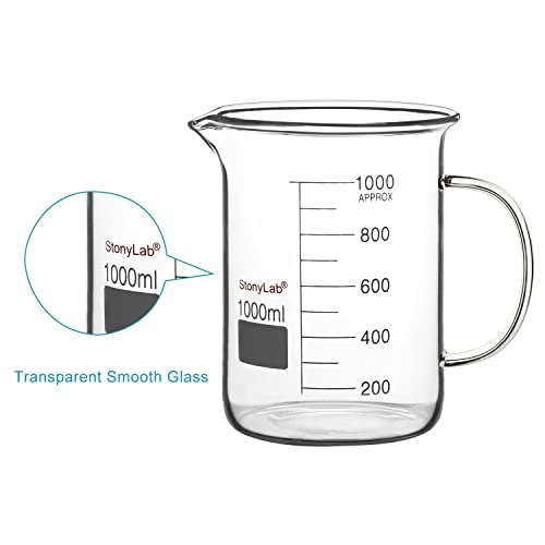 Image of stonylab Glass Beaker with Handle, Borosilicate Glass Graduated Low Form Griffin Beaker with Handle and Pouring Spout, 1000 ml (Pack of 2)