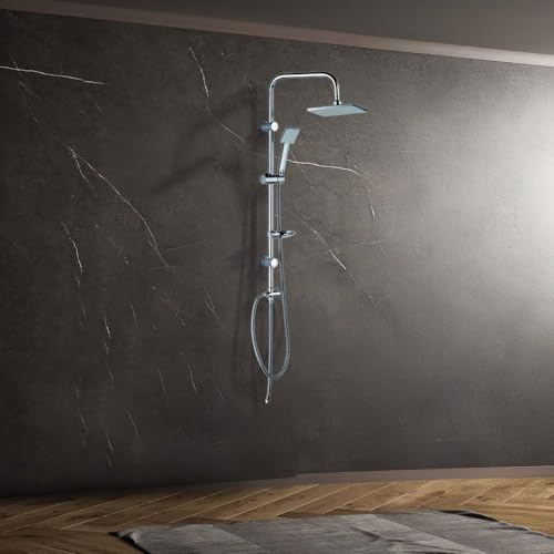 Milano Plus Fire Square Shower Column Set - Chrome| 2 in 1 Multi Functional Rain Shower System| Stainless Steel Complete Shower Set For Bathroom - Head+Hand Shower Soap Tray & Diverter|(46x20x95cm)