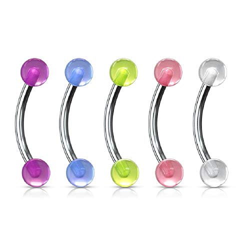 Pierced Owl Multipak Colored Set of 5 Glow in The Dark Curved Eyebrow 16g 316L Stainless Steel Bar Barbell Ring