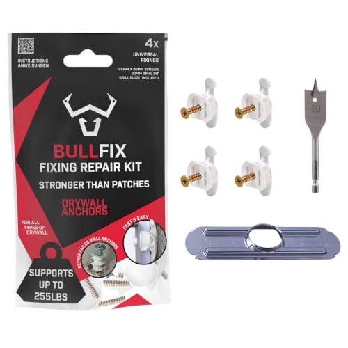 Bullfix Plasterboard Fixing Repair Kit 4 Pack - Heavy Duty Anchor | Repairs Failed Fixings in Drywall, Wall Plug Alternative for Dot & Dab, Stud & Hollow Wall, with Screws & Drill Guide