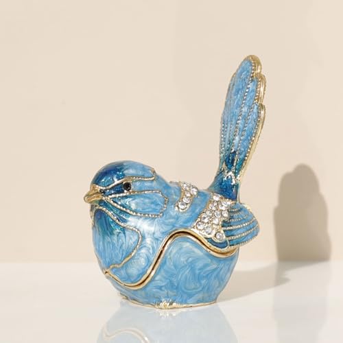 Exquisite Hand - Painted Enamel Blue Bird Trinket Box Hinged Rhinestone - Adorned Mini Jewelry Organizer for Rings & Necklaces Ideal Classical Home Decor & Collectible Keepsake (Trinket Box-B)