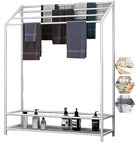 Toallero de metal independiente, soporte para toallas de pie con estante de almacenamiento para toallas de baño y accesorios, organizador de baño ideal, diseño duradero y elegante