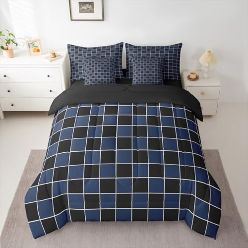 Image of Erosebridal Navy Blue Checkered Boys Full Bedding Black Blue Plaid Comforter Set with Sheets 7 Piece-for Kids Teen Men Bedroom Geometric Gingham Grids Bed in A Bag-Soft Lightweight for All Season
