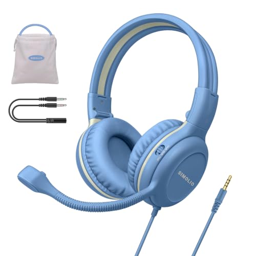 Image of SIMOLIO Wired Headphones for School with Microphone, Stereo Kids Headphone with Flexible Swivel Boom Mic for Student K12 & Teacher & E-Learning, 3 Levels Volume Limiter Gaming Headsets for Boys, Girls