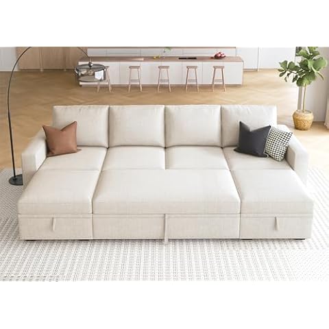 HONBAY Modular Sectional Sleeper Sofa Bed, Sectional Couch with Pull Out Bed U Shaped Modular Couch with Storage Ottoman for Living Room, Beige Cover