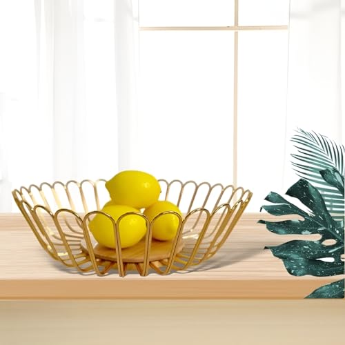 7UYUU Gold Fruit Basket Metal Wire Fruit Basket Bowl Kitchen Countertop Large Storage Serving Holder for Lemon Banana Onion - Wooden Stand - 12 Inch (Gold Wood)