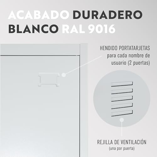 BRINDEK Taquilla Vestuario metálica 3 Puertas Blanca RAL 9016-185x38x45 cm con Cerradura - Incluye Llave | Armario metálico Estrecho para Garaje, Oficina, Gimnasio, Vestuario, Locker Individual - imagen 6