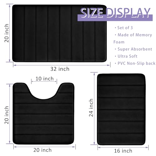 Bathroom Rugs Set Memory Foam Bath Rugs Non-Slip Bath Mat Set 3 Piece,Washable Bathroom Mats,Absorbent Shaggy Rugs Super Soft U-Shaped Toilet Rug,Bahroom Carpets for Bathroom,Tub,Shower（Black） by RUN HELIX - Image 5