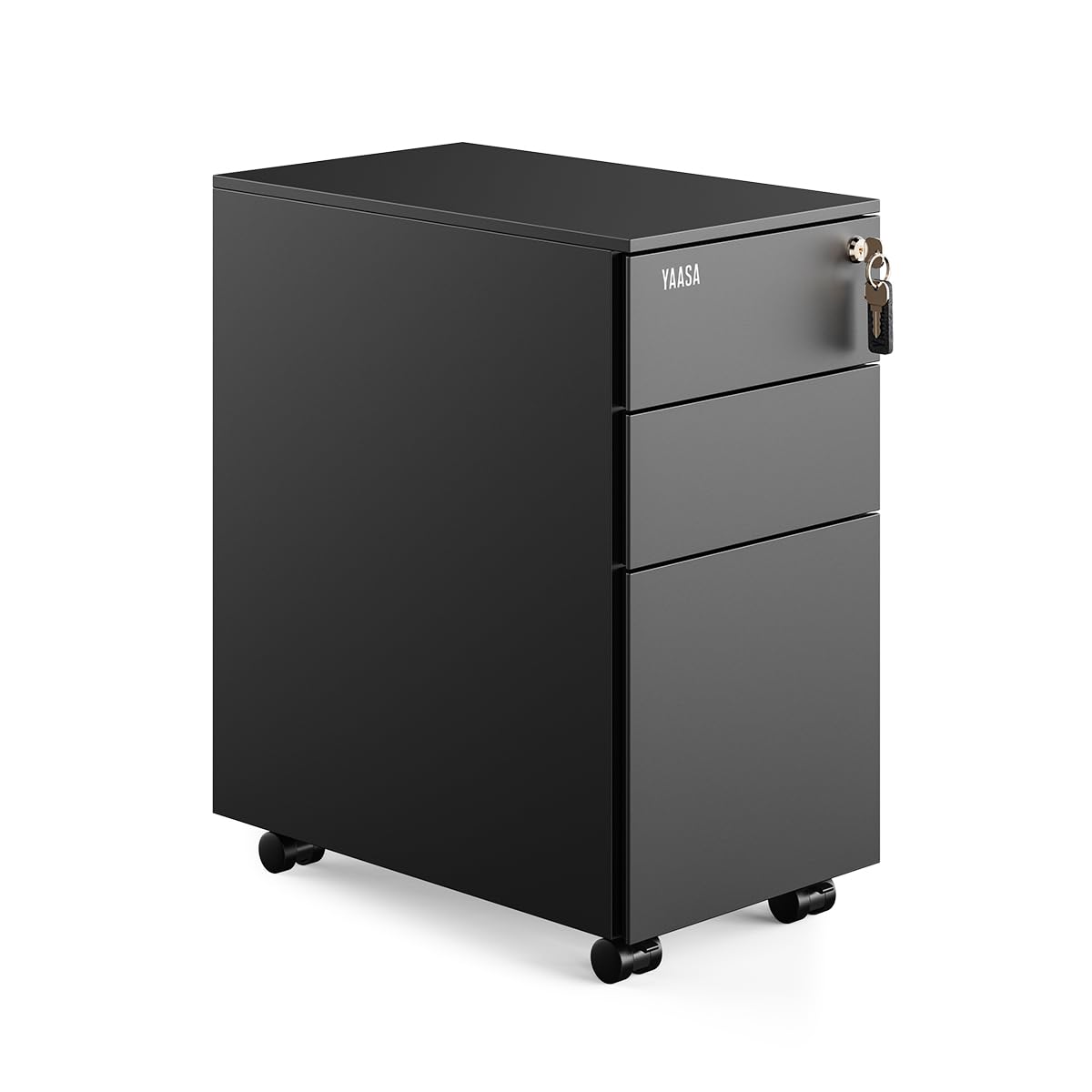 Yaasa File Cabinet Edged Kompakt Schwarz, Rollcontainer verschließbar, Büro | 80L Stauvolumen, Rollcontainer aus Stahl, Zentralschloss für 3 Laden mit zwei Schlüsseln, feststellbare Räder, Stifteeinsatz