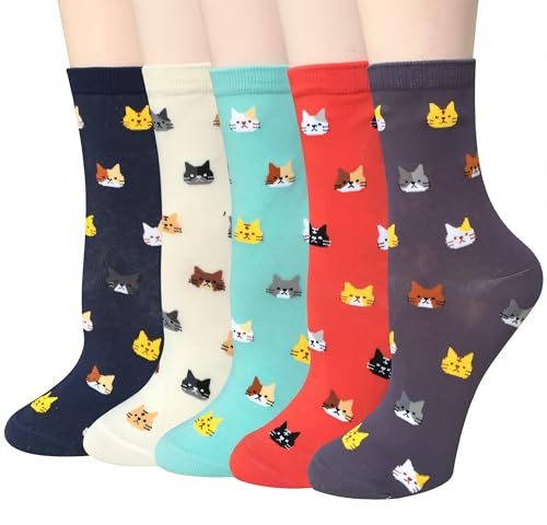 Chalier Womens Funny Socks Cozy Cute Printed Patterned Fun Sock Novelty Cat Dog Socks for Women, Cute Cat Multicolor 01(5 Pairs)
