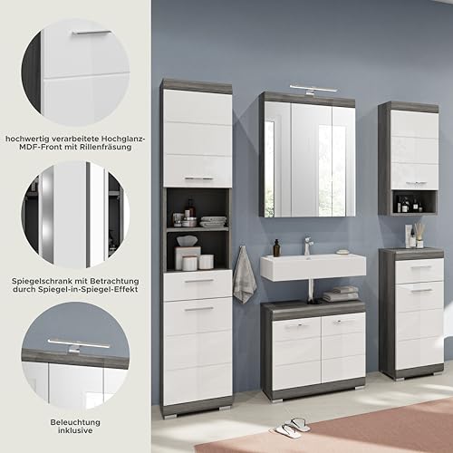 xonox.home Badezimmer Scout X06B2B15 5tlg. Kombination in Front weiß Hochglanz Korpus rauchsilber Nb.inkl. Beleuchtung