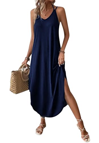 Chicrise Spaghettiträger Kleid Damen V Ausschnitt Armellose Maxikleid Sommer Lang Sommerkleid Casual Blau Mittel 38-40