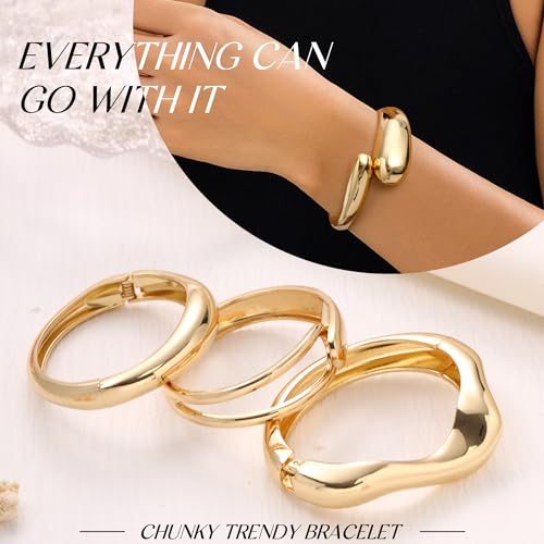 Chunky Gold Bracelet Gold Cuff Bangle Bracelets for Women Non Tarnish Teen Girl Gifts Trendy Stuff Wide Hinged Irregular Twisted Bangle Christmas Stocking Stuffers Minimalist Birthday Anniversary Jewelry