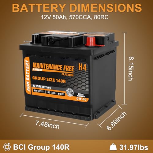 Image of BCI Group 140R Car Battery, 12V 50Ah Automotive Battery Premium Maintenance Free AGM Batteries, 570CCA, 80RC, 36 Months Warranty