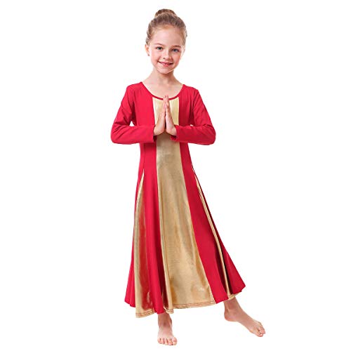 Metallic Gold Praise Dance Dresses For Girls Liturgical Lyrical Color Block Full Length Swing Gown Loose Fit Robe Ruffle Tunic Circle Skirt Long Sleeve Worship Dancewear Ballet Costume Red 11-12Y #TOP7