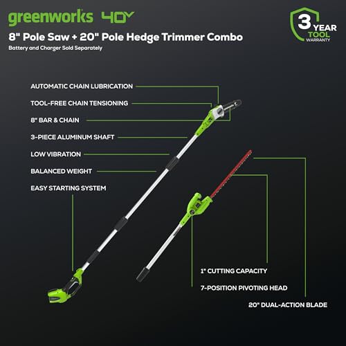 Image of Greenworks 40V 8 inch Polesaw + Pole Hedge, Tool Only (Gen 1)