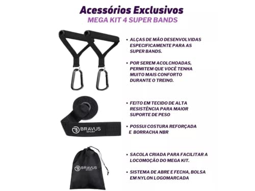 MEGA Kit 4 Super Bands com Alças de Mão e Âncora de Porta Elástico Extensor Bravus Sport