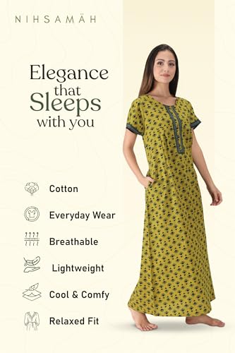 Image of NIHSAMAH Cotton Nighty for Women with Pocket, Premium Printed Long Nighty | Comfortable & Fancy Sleepwear /Nightwear