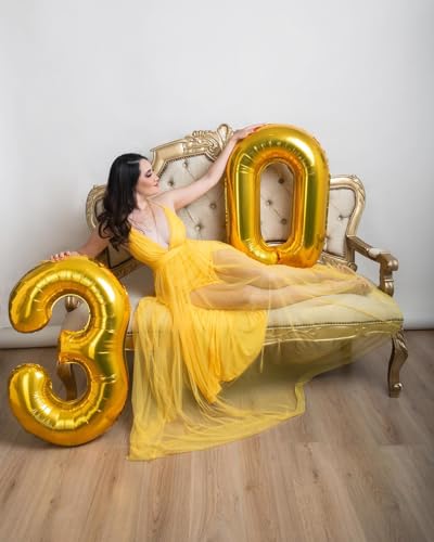 Image of Gold Number 30 Balloon 40 inch, 30 Number Balloons, 30th Gold Birthday Decorations, 30 Year Old Women Men Golden Party Supplies