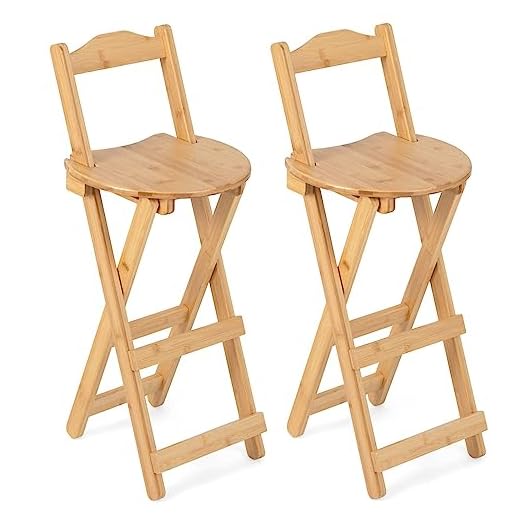 GiantexUK Folding Bar Stools Set of 2, Bamboo Kitchen Stools with Footrest, Portable Counter Breakfast Bar Chairs for Home Bistro Dining Room, Installation Free (with Backrest, 36 x 36 x 84cm)