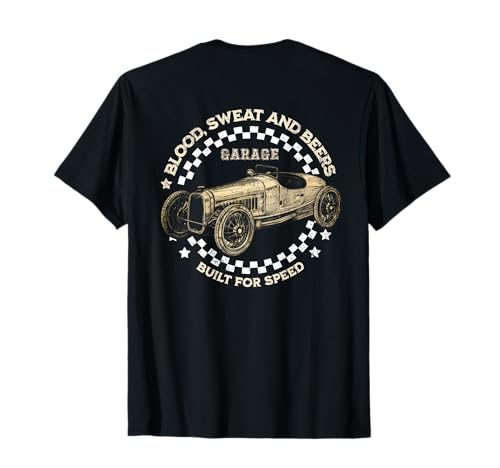Back Garage Workshop Vintage Classic Car Mechanics Checkered Camiseta