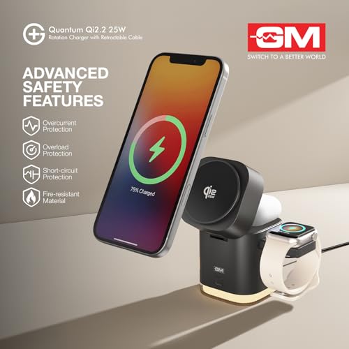 Image of GM G+ Quantum Qi2.2 25W Magnetic Wireless Charger | 5-in-1 Charging Station for iPhone, Apple Watch & AirPods | Infrared Hand-Wave Rotation, Night Lamp, Retractable 100cm Type-C Cable (Matte Black)