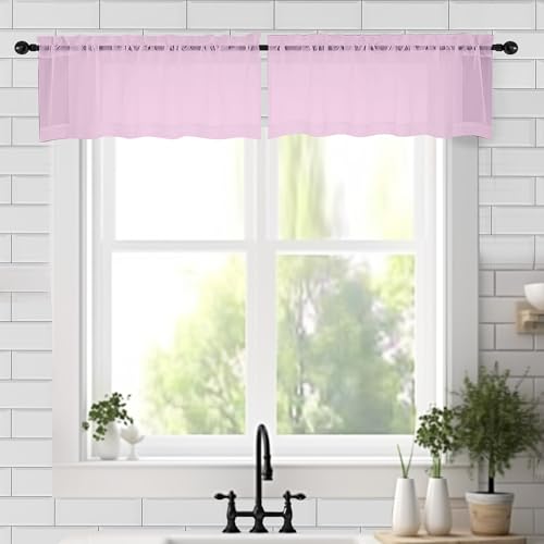 Image of Chyhomenyc Sheer Valances for Windows 2 Pack, Small Window Curtains for Living Room Bathroom Cafe Laundry Basement, Modern Top Dual Rod Pocket Voile Curtain, 42W x 18L inches, Pink