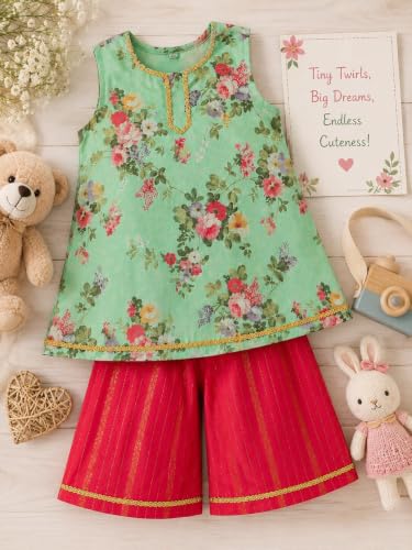Image of Pspeaches Girls Georgette Sleeveless Round Neck Floral Print Kurta With Palazzo 2 Piece Set|Ethnic Wear For Cute Baby Girls|Traditional & Festive Outfit