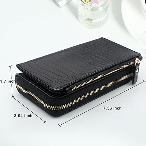 Lacass Dual Zipper Leather Wallet Case Card Slots [Cards Theft Scan Protection] Detachable Magnet Phone Cover Money Pocket Crossbody Chain Lanyard For Iphone 12/12 Pro (Black) #TOP4