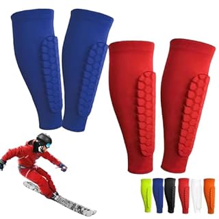 2026 Protection Tibia Ski Adulte, Protege Tibia Ski, Chaussette Protege Tibia Ski, Version Étendue Ski Protection Tibia, avec Structure Alvéolaire Protectrice de 10 mm D'épaisseur (Bleu +Rouge, XL)