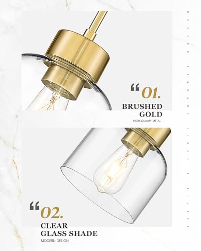 Image of 2-Pack 7 inch Brushed Gold Pendant Lights Kitchen Island, Clear Glass | Modern Brass Hanging Light Fixture Over Island for Dining Room, Adjustable Height, E26 Base, AD-24024-1P2-GD