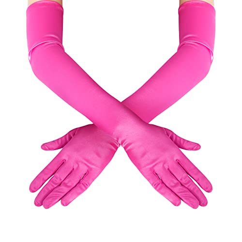 Lansian Women's 22'' Long Satin Gloves Rose Red Elbow Length 1920s Opera Bridal Dance Gloves For Evening Party Opera Costume, Rose Red