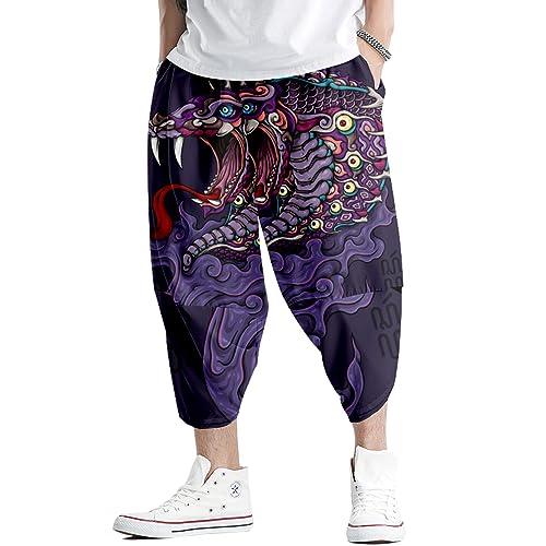 Image of DOSLAVIDA Men's Japanese Kimono Cardigan Suit Chinese Style Printed Jacket Pants Set Open Front Seven Sleeve Top & Shorts