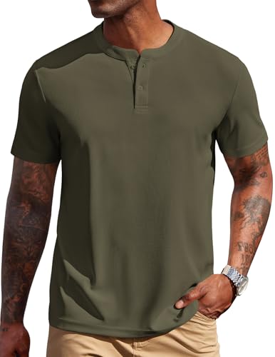 COOFANDY Mens Henley Shirts Short Sleeve Casual Button Textured T Shirt Basic Soild Tee Henley Summer Top Army Green