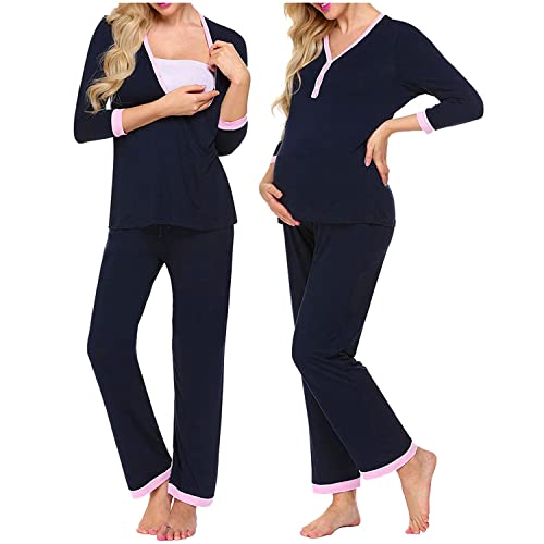 Ensemble De Pyjama d'allaitement De Maternité pour Femme, Chemise À Manches Longues À Col en V, Vêtements De Nuit en Coton, Vêtements De Détente d'allaitement pour Nouvelle Maman,Navy Blue,XXL Cover
