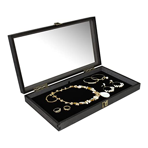 MOOCA Wooden Jewelry Display Case, Pocket Knife Display Case with Tempered Glass Top Lid and Removable Black Luxurious MDF Velvet Jewelry Pad, Black Color by MOOCA - Image 6