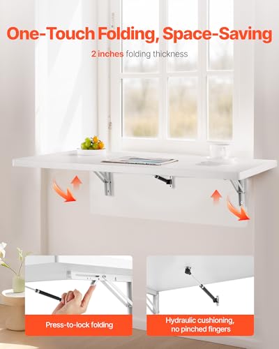 Image of VEVOR Wall Mounted Folding Table, 39.4 x 19.7 inches Wall Mount Table, Floating Desk with Iron Bracket for Small Spaces, Home Office, Dining, Laundry Room, Kitchen, Bar, White