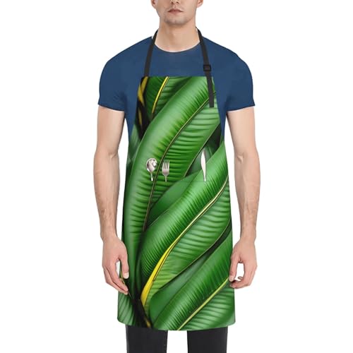 Jkkghll Tablier de cuisine avec poches Motif feuilles de bananier Vert 71 x 83 cm